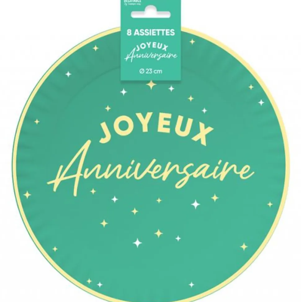 8 ASSIETTES CARTON ANNIVERSAIRE 23CM VERT