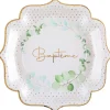 10 ASSIETTES CARTON BAPTÊME FEUILLAGE 21CM BLANC