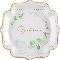 10 ASSIETTES CARTON BAPTÊME FEUILLAGE 21CM BLANC