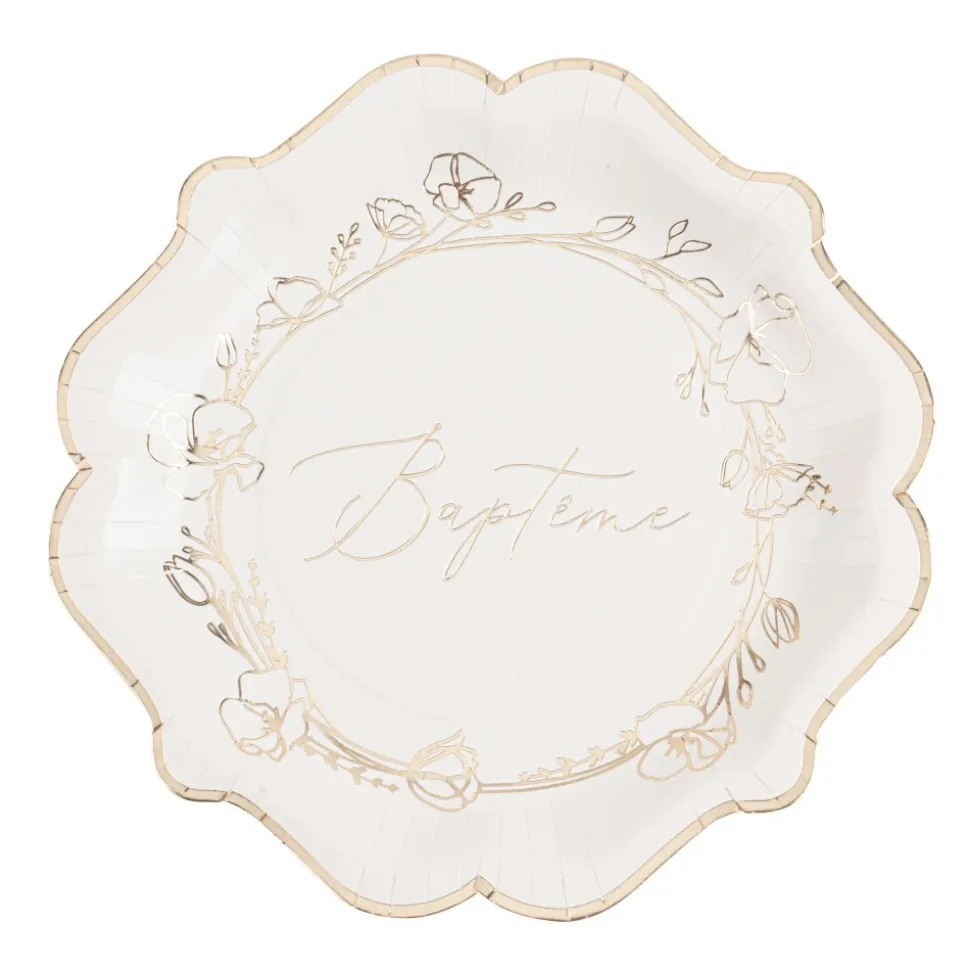 8 ASSIETTES CARTON BAPTÊME VÉGÉTAL OR 23CM CRÈME