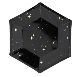 6 ASSIETTES CARTON HEXAGONAL ÉTOILES OR 20CM NOIR