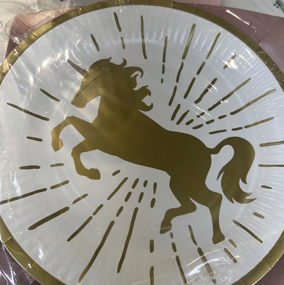 10 ASSIETTES CARTON LICORNE PARTY 23CM BLANC OR