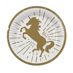 10 ASSIETTES CARTON LICORNE PARTY 23CM BLANC OR