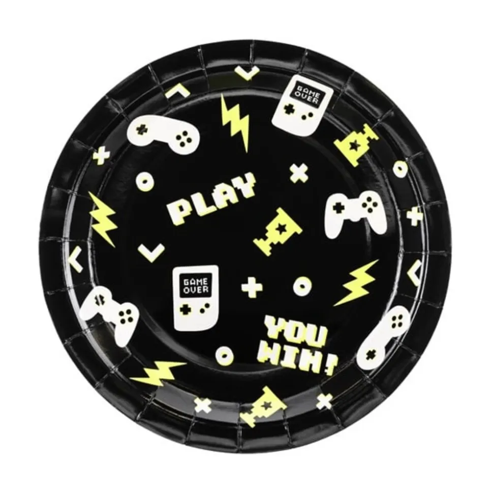 6 ASSIETTES CARTON MANETTE JEU VIDÉO 23CM NOIR