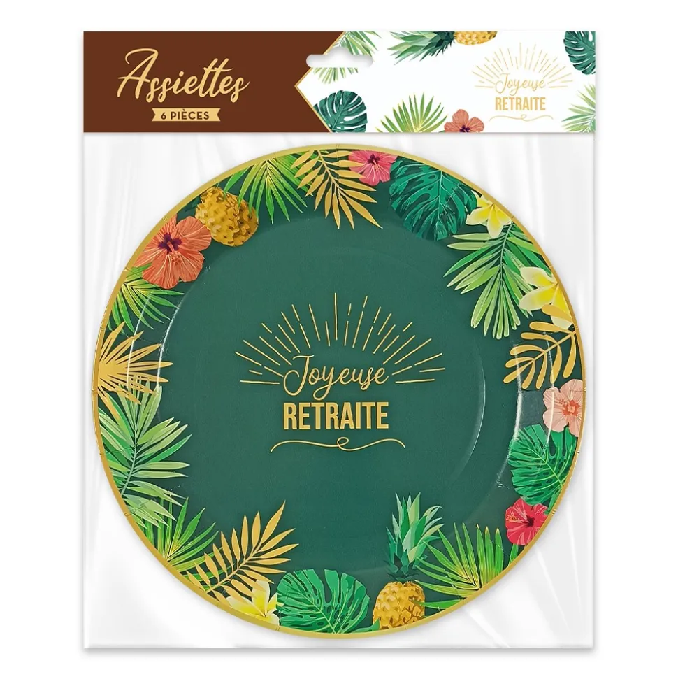 6 ASSIETTES CARTON RETRAITE TROPICAL 23CM VERT