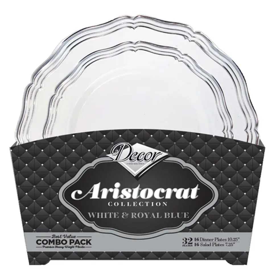 32 ASSIETTES RÉUTILISABLE ARISTOCRATE BLANC ARGENT
