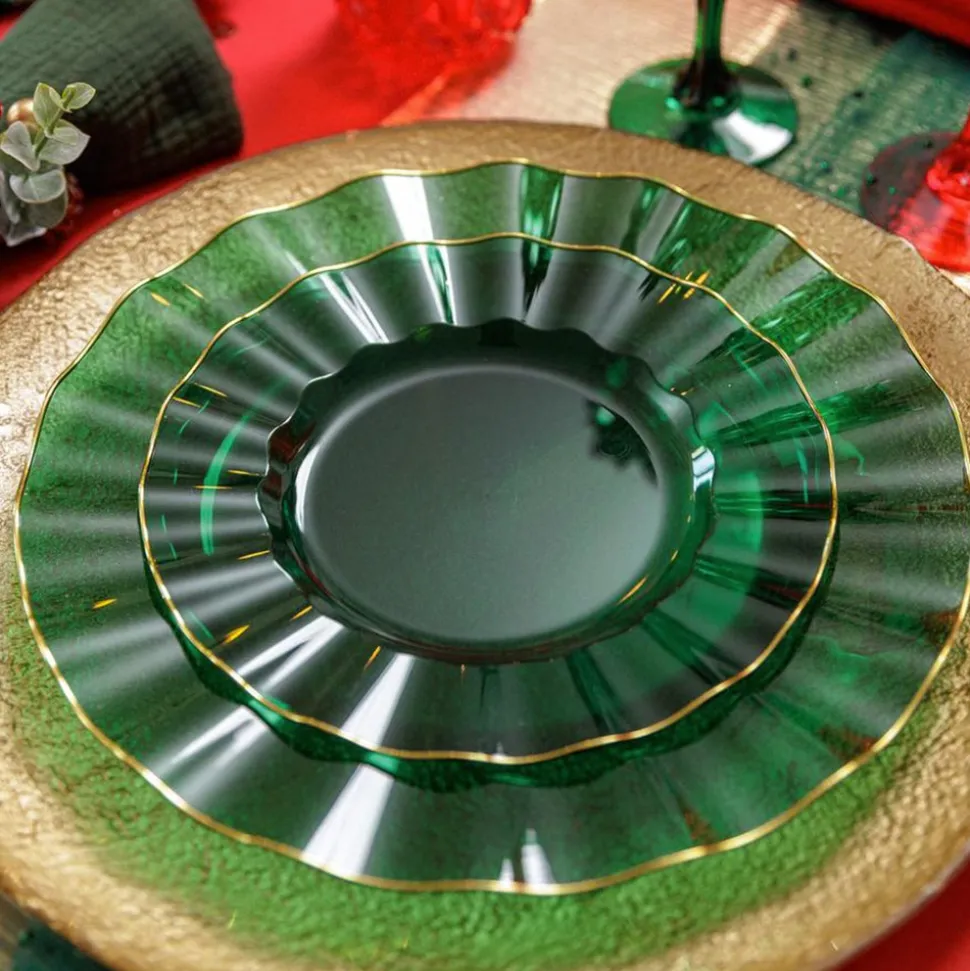 6 ASSIETTES RÉUTILISABLES BORD OR 19CM VERT ANGLAIS
