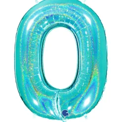 BALLON ALU CHIFFRE 0 102CM TURQUOISE HOLOGRAPHIQUE