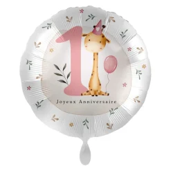 BALLON ALUMINIUM ROND 1 AN FILLE GIRAFE 43CM