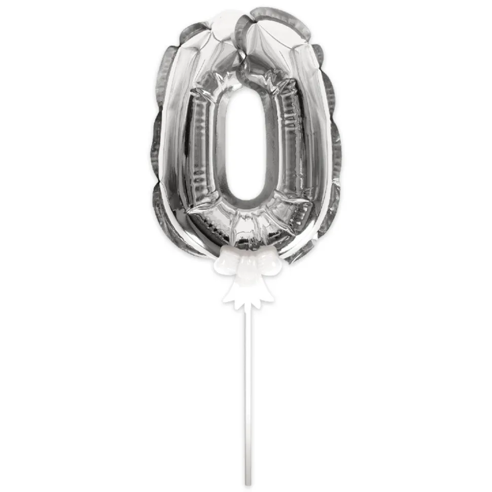 BALLON CHIFFRE 0 TIGE PAPIER GÂTEAU 15CM ARGENT