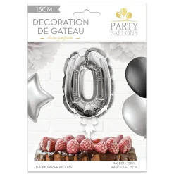 BALLON CHIFFRE 0 TIGE PAPIER GÂTEAU 15CM ARGENT