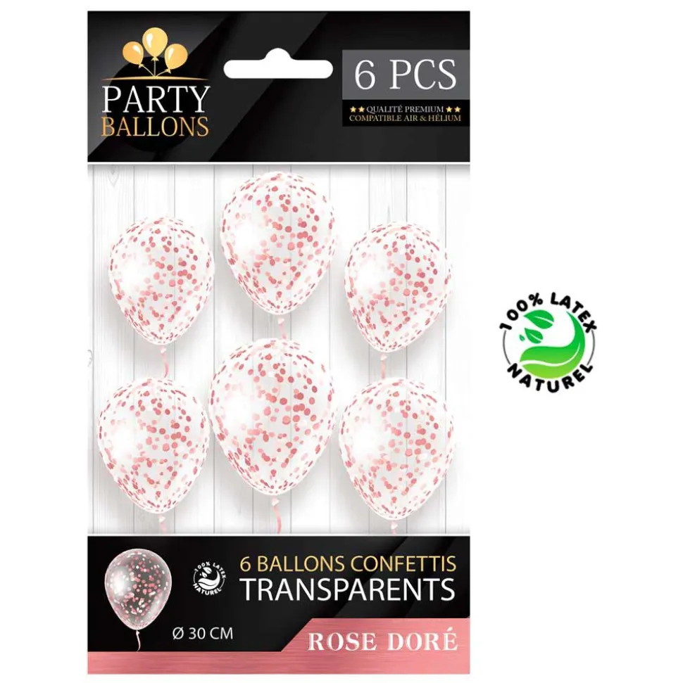 6 BALLONS À CONFETTIS OR ROSE LATEX 30CM INCOLORE