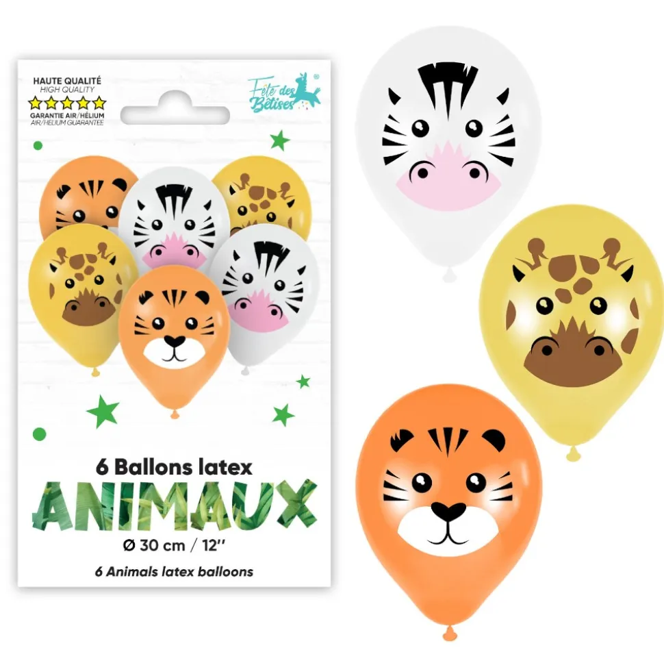 6 BALLONS LATEX ANIMAUX JUNGLE SAFARI 30CM