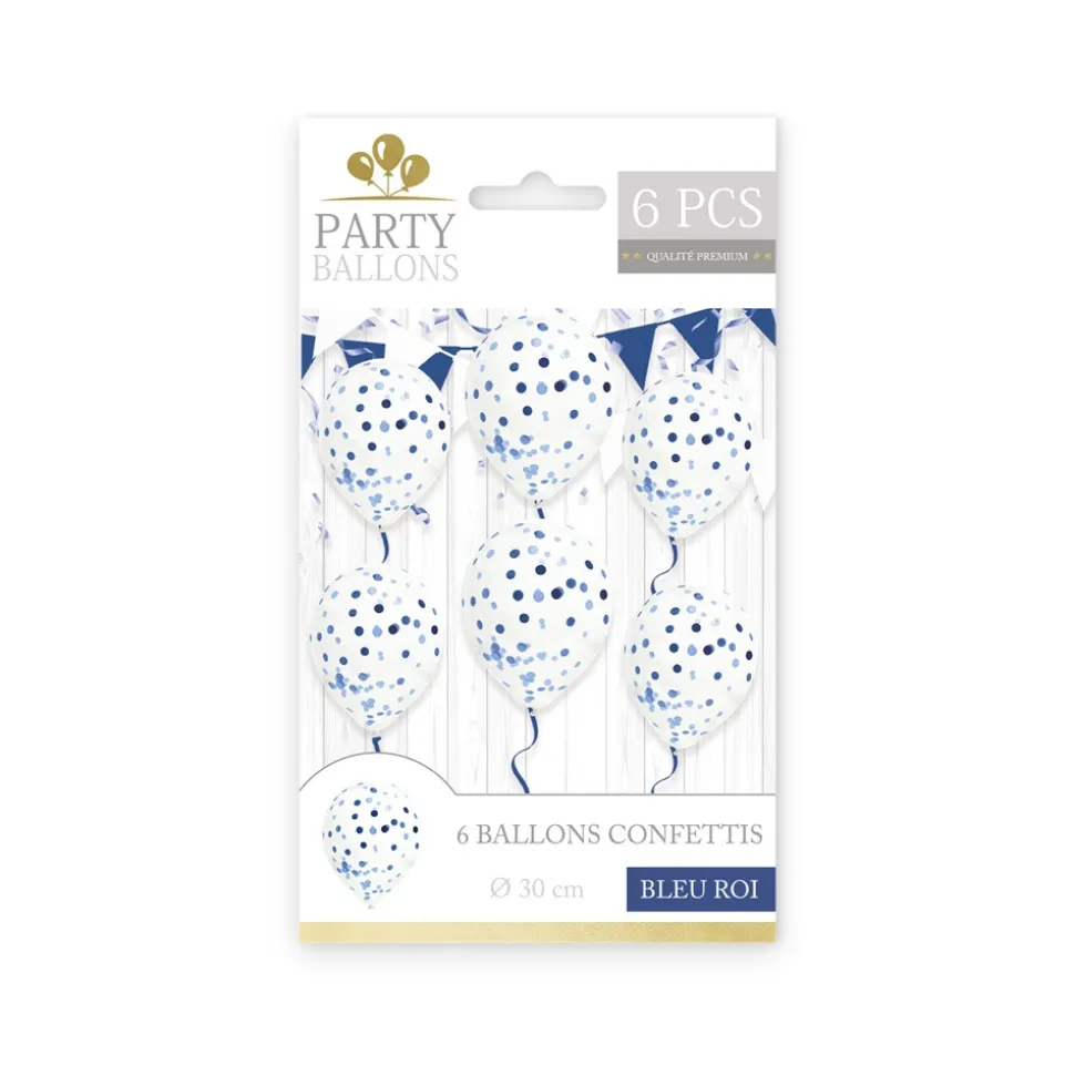 6 BALLONS LATEX À CONFETTIS 30CM BLEU