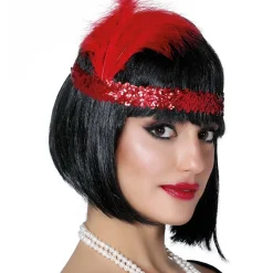 BANDEAU CHARLESTON SEQUINS PLUMES 20CM ROUGE