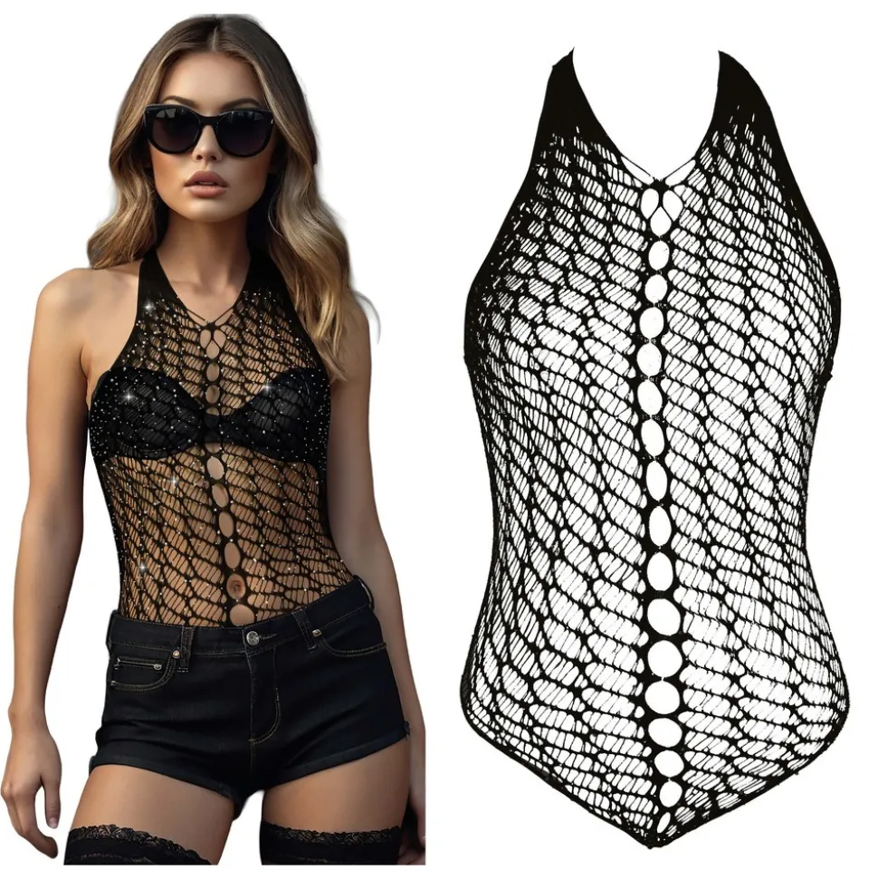 BODY FILET NOIR STRASS ARGENT SANS MANCHES FEMME