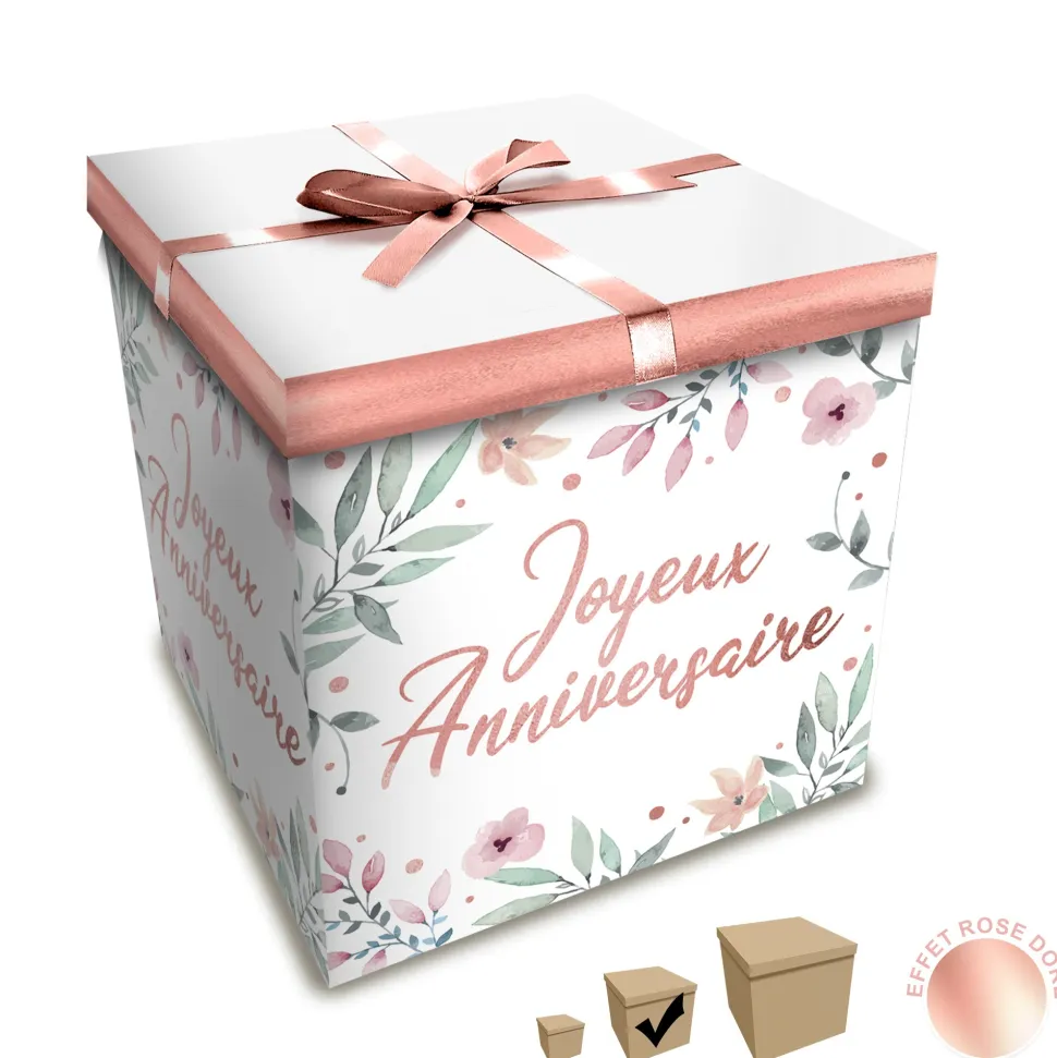 BOÎTE CADEAU FLEUR JOYEUX ANNIVERSAIRE 20X20CM ROSE