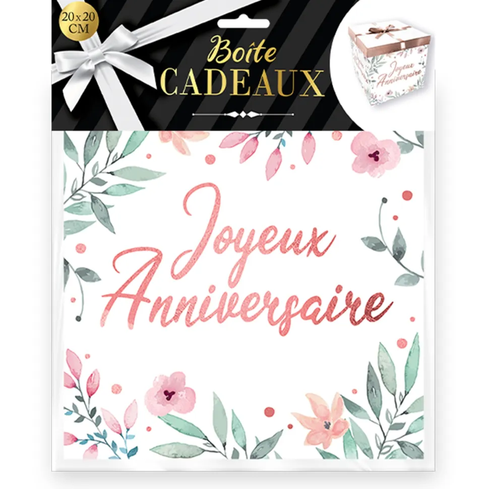 BOÎTE CADEAU FLEUR JOYEUX ANNIVERSAIRE 20X20CM ROSE