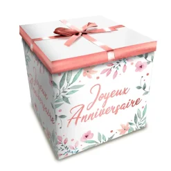 BOÎTE CADEAU FLEUR JOYEUX ANNIVERSAIRE 20X20CM ROSE