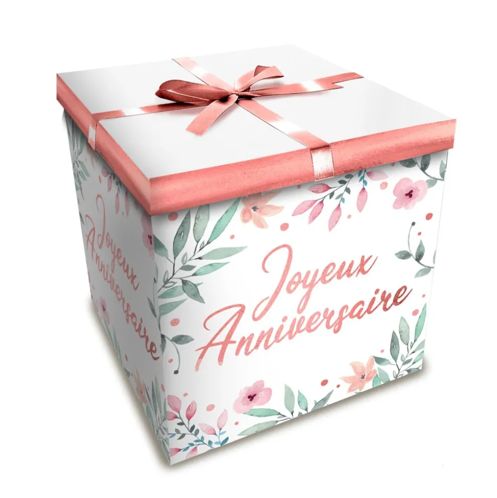 BOÎTE CADEAU FLEUR JOYEUX ANNIVERSAIRE 20X20CM ROSE