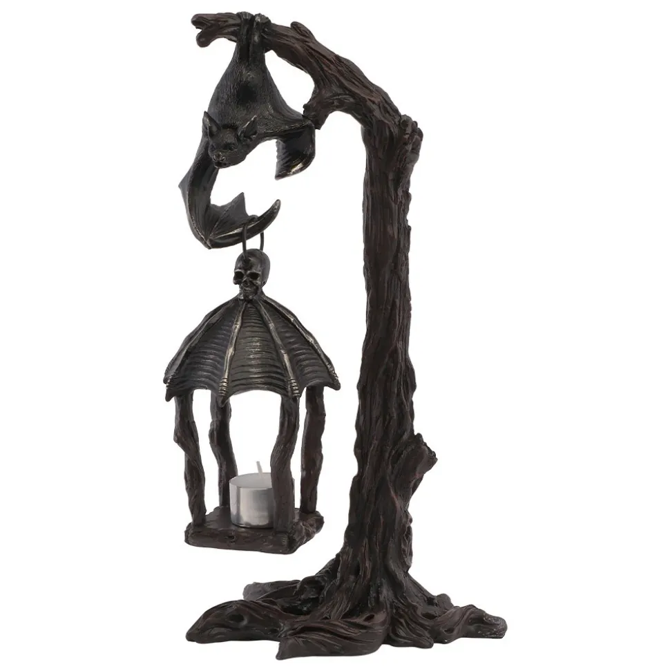 BOUGEOIR LANTERNE ARBRE CHAUVE-SOURIS RÉSINE 37CM