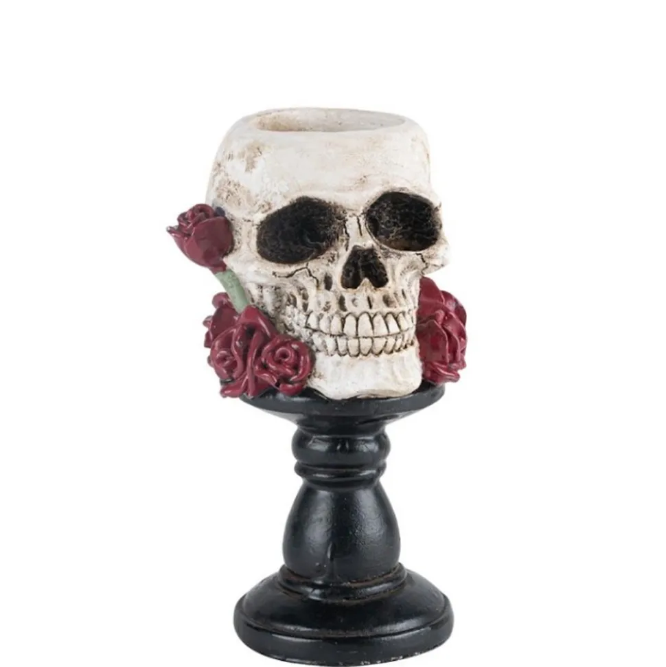 BOUGEOIR PILIER CRÂNE FLEUR DÉCO RÉSINE 8X15CM