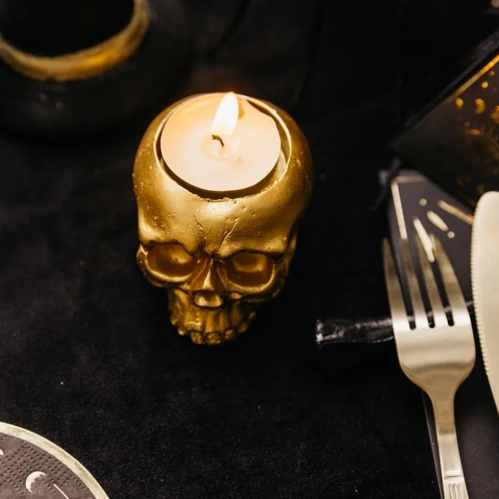BOUGEOIR TÊTE DE MORT DÉCORATIF RÉSINE 8X6CM OR