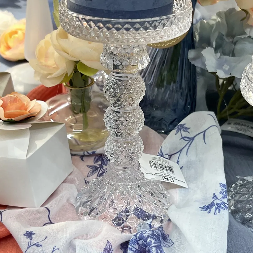 BOUGEOIR VERRE EMBOSSÉ PRÉCIOSITÉ 16.7CM INCOLORE