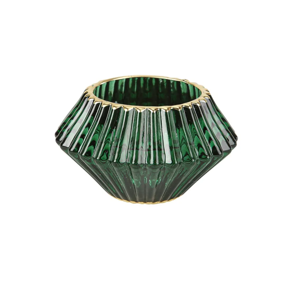 BOUGEOIR VERRE RAINURÉ LISERÉ OR 7.5X4.3CM VERT