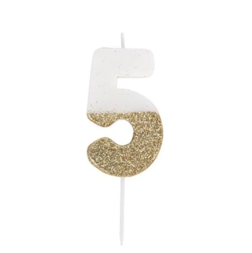 BOUGIE CHIFFRE 5 CIRE 7.5CM BLANC PAILLETÉ OR