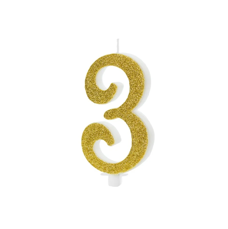BOUGIE CHIFFRE 3 CIRE PAILLETTES 10CM OR