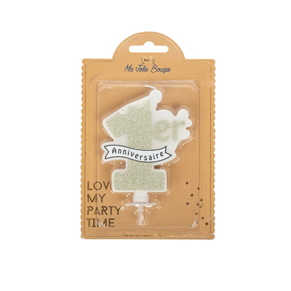 BOUGIE 1ER ANNIVERSAIRE BOBÈCHE 10X8CM OR PAILLETÉ