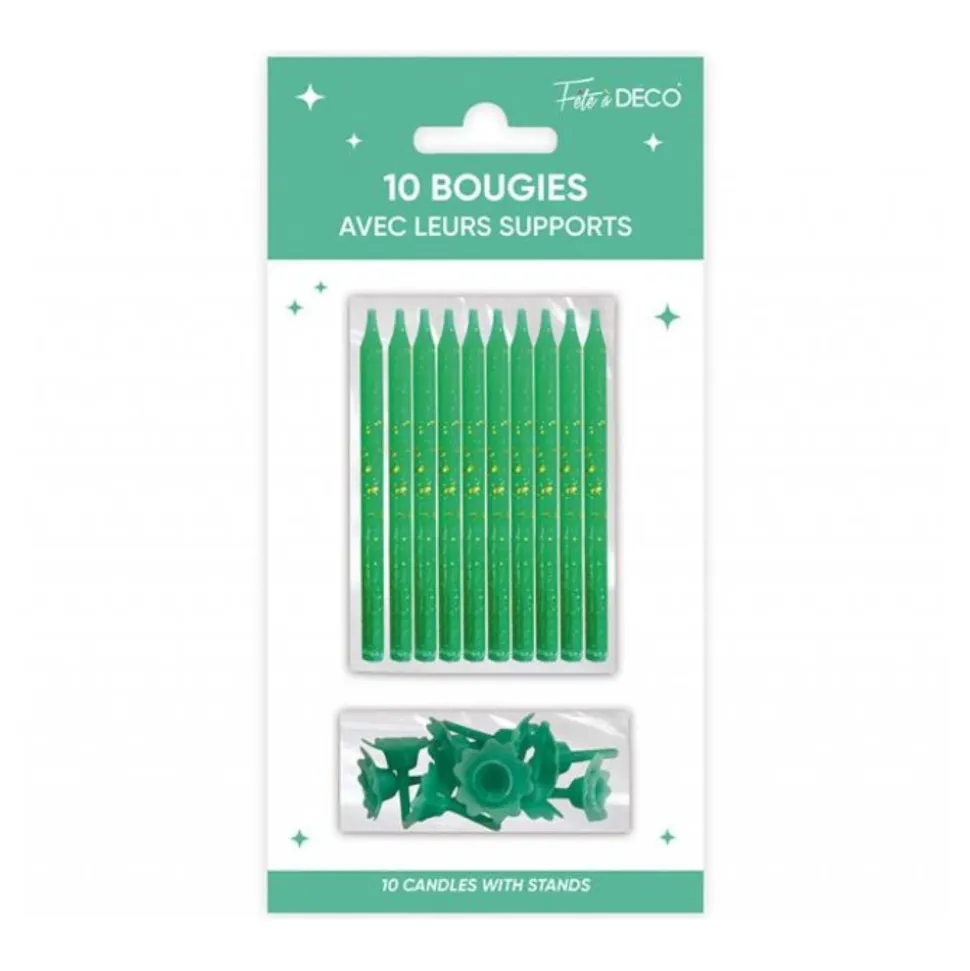 10 BOUGIES AVEC BOBÈCHES ANNIVERSAIRE 7.5CM VERT