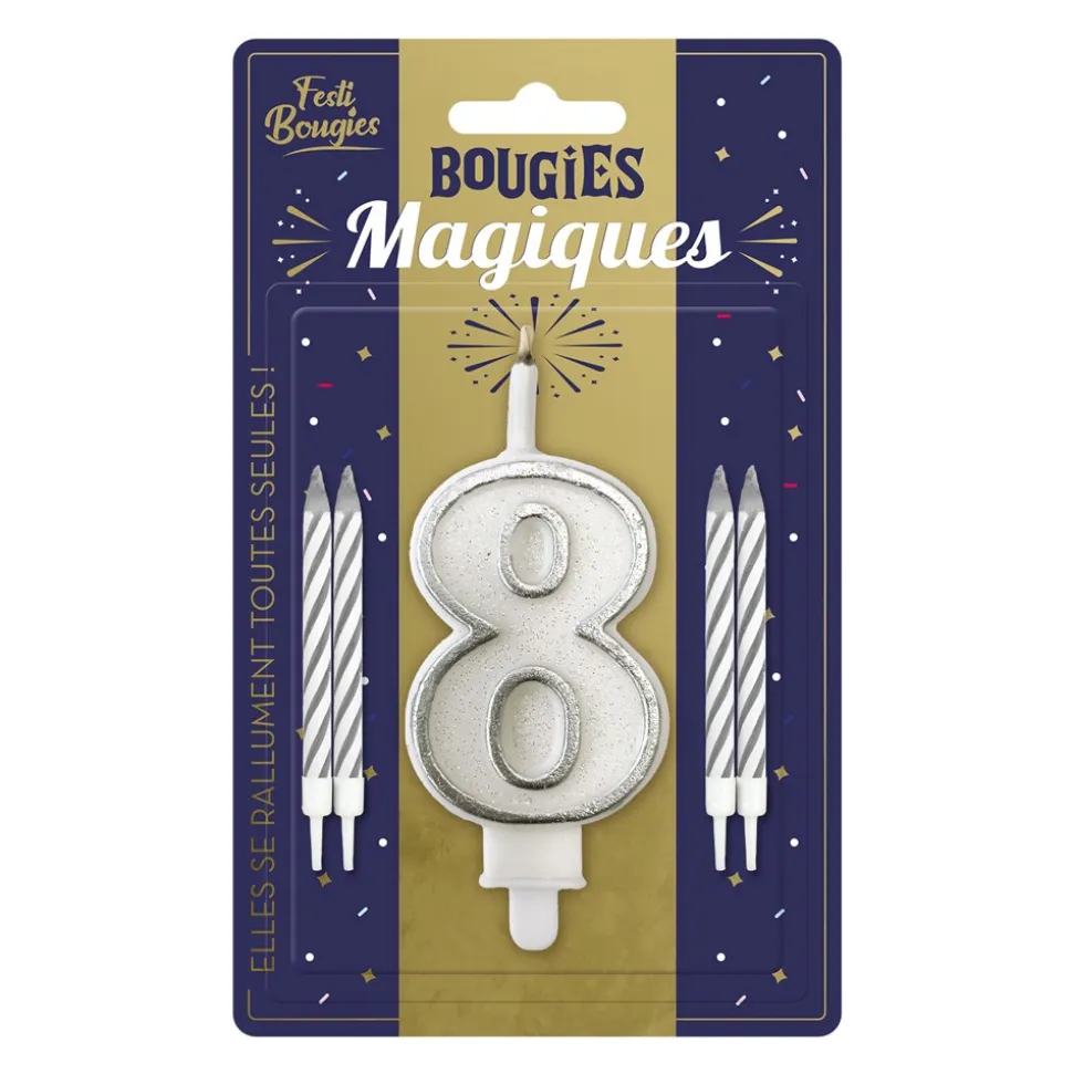 BOUGIES CHIFFRE 8 MÈCHE MAGIQUE 11CM BLANC
