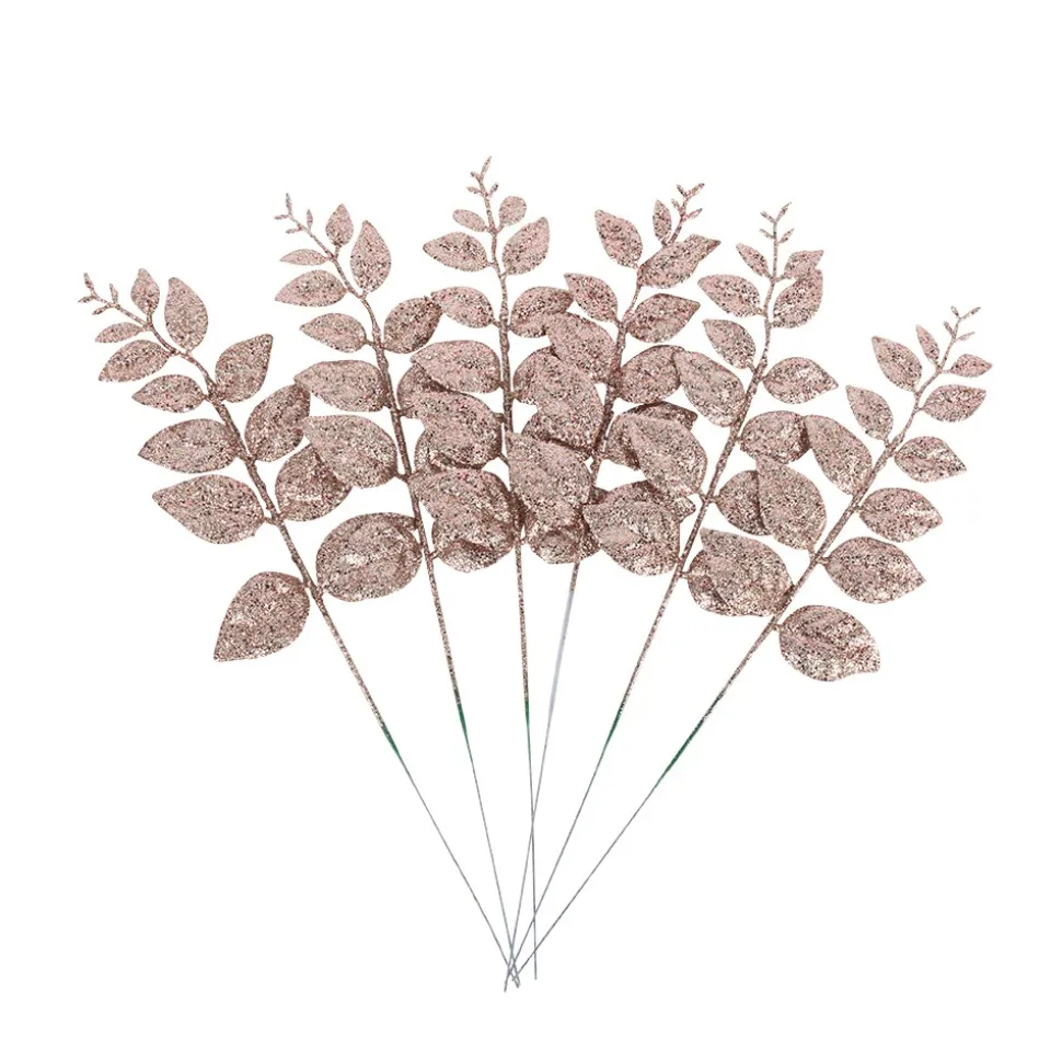 6 BRANCHES LAURIER PAILLETTES GIVRE 38CM ROSE GOLD
