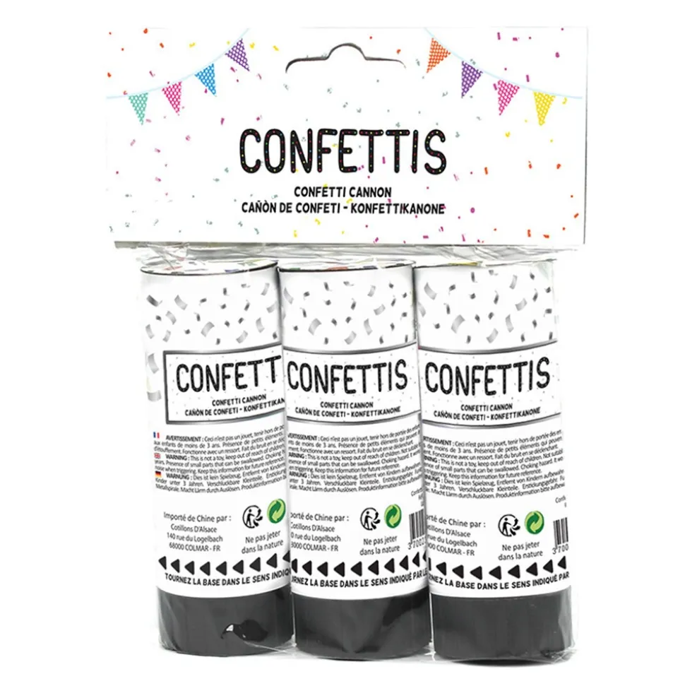 3 CANONS À CONFETTIS PAPIER SOIE 11CM NOIR ARGENT