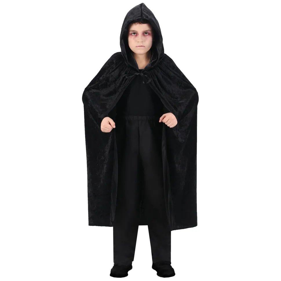 CAPE CAPUCHE VELOURS 120CM NOIR ENFANT