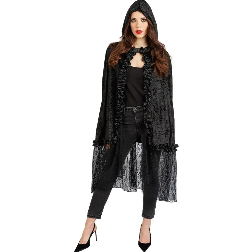 CAPE CAPUCHE VELOURS DENTELLE 145CM NOIR FEMME