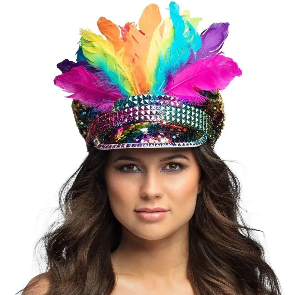 CASQUETTE CAPITAINE SEQUIN PLUME RAINBOW ADULTE