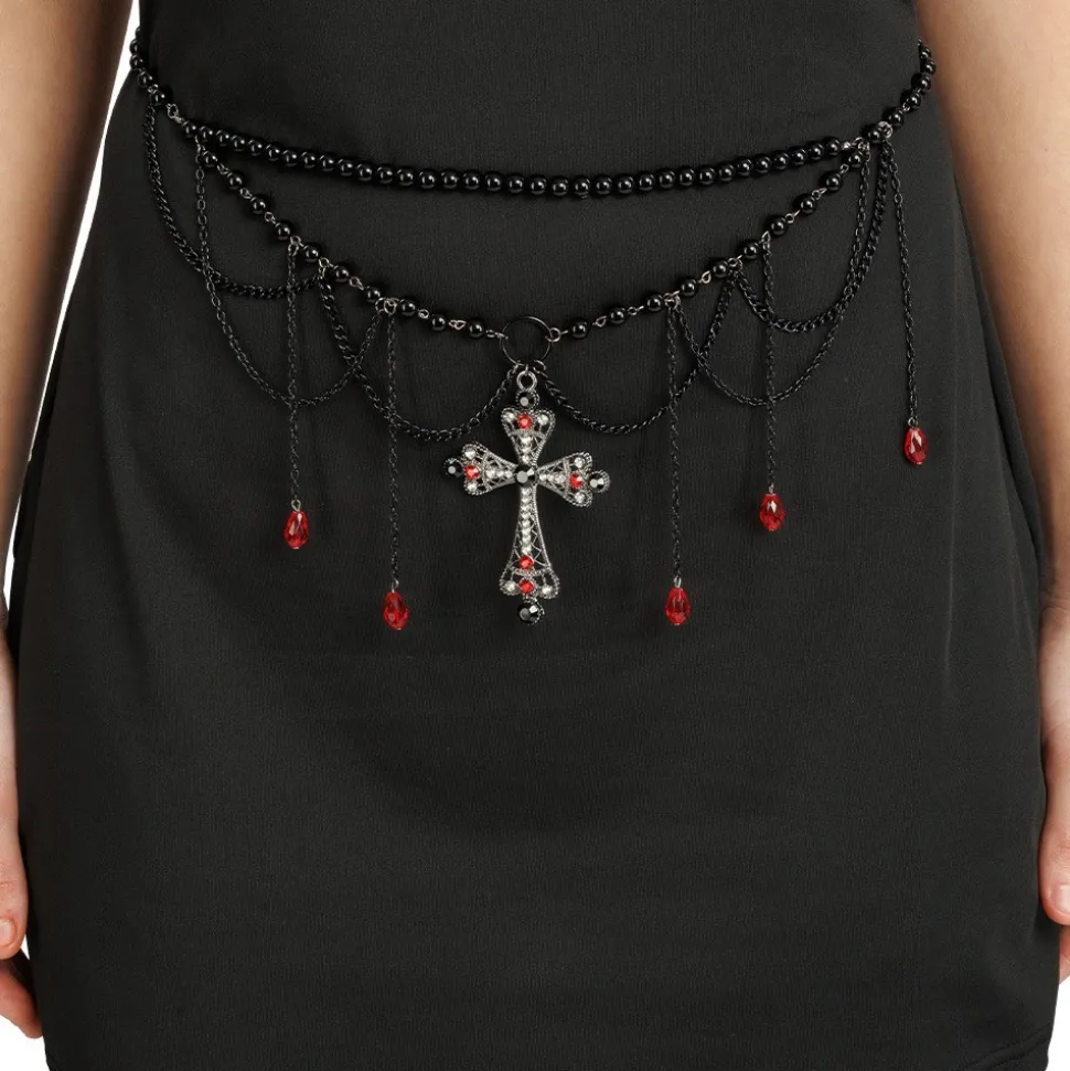 CEINTURE PERLES NOIRES CROIX GOTHIQUE 70CM ADULTE