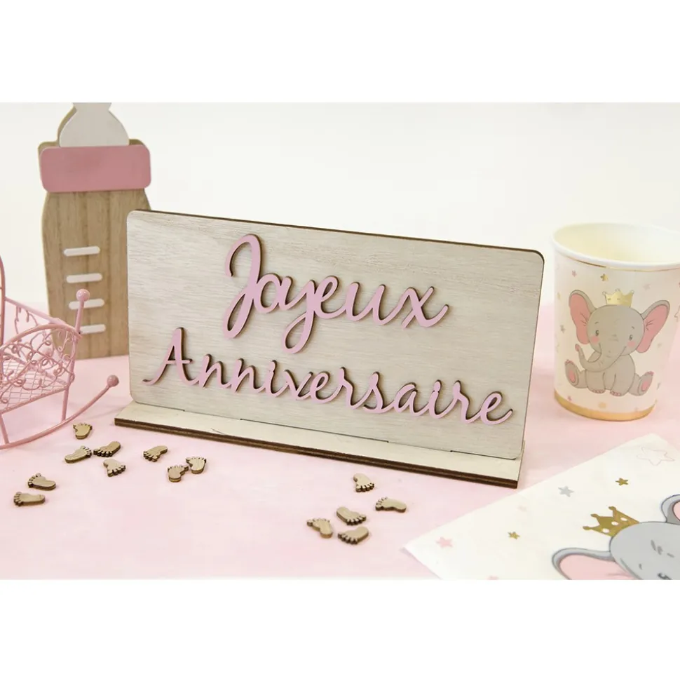 CENTRE DE TABLE ANNIVERSAIRE BOIS 20X10.5CM ROSE