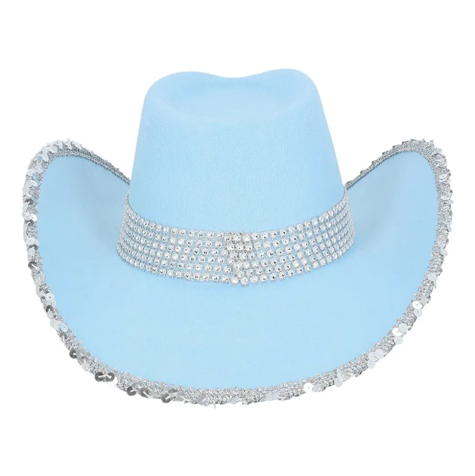 CHAPEAU COWBOY BLEU CLAIR UV STRASS ARGENT ADULTE