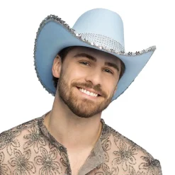 CHAPEAU COWBOY BLEU CLAIR UV STRASS ARGENT ADULTE