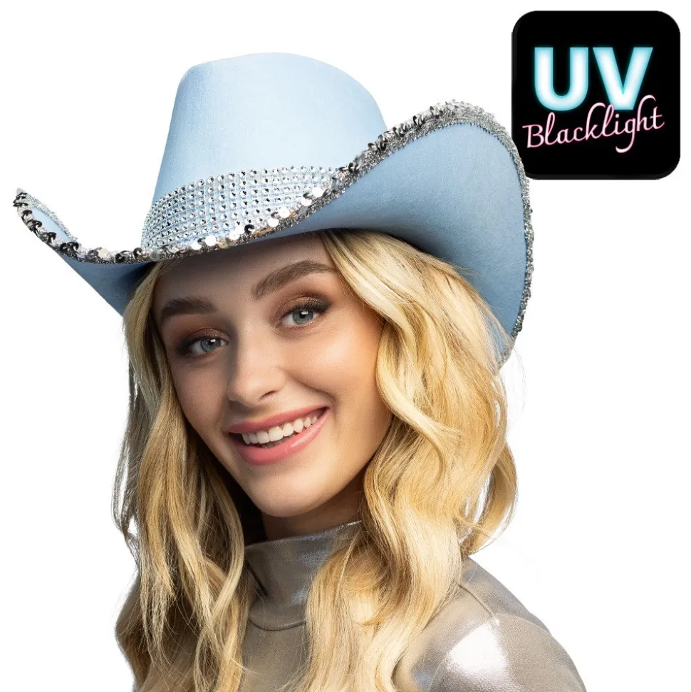 CHAPEAU COWBOY BLEU CLAIR UV STRASS ARGENT ADULTE