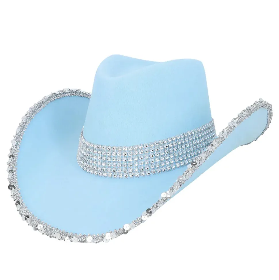 CHAPEAU COWBOY BLEU CLAIR UV STRASS ARGENT ADULTE