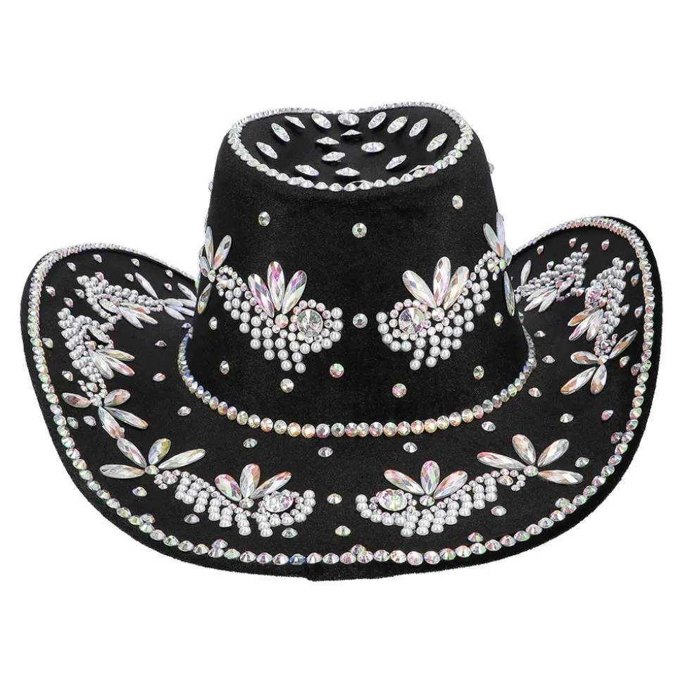CHAPEAU COWBOY NOIR STRASS IRIDESCENTS ADULTE