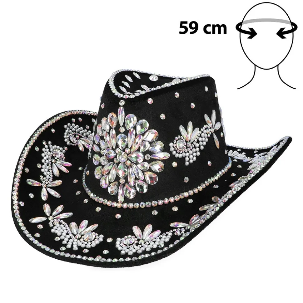 CHAPEAU COWBOY NOIR STRASS IRIDESCENTS ADULTE