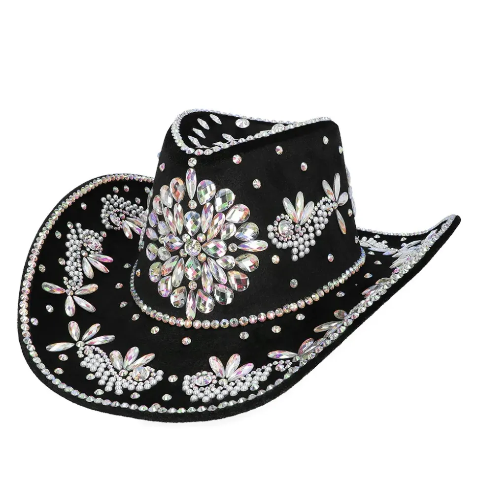 CHAPEAU COWBOY NOIR STRASS IRIDESCENTS ADULTE
