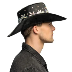 CHAPEAU COWBOY NOIR STRASS IRIDESCENTS ADULTE