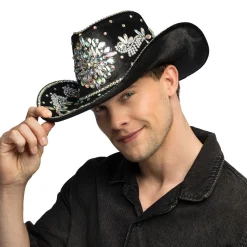 CHAPEAU COWBOY NOIR STRASS IRIDESCENTS ADULTE